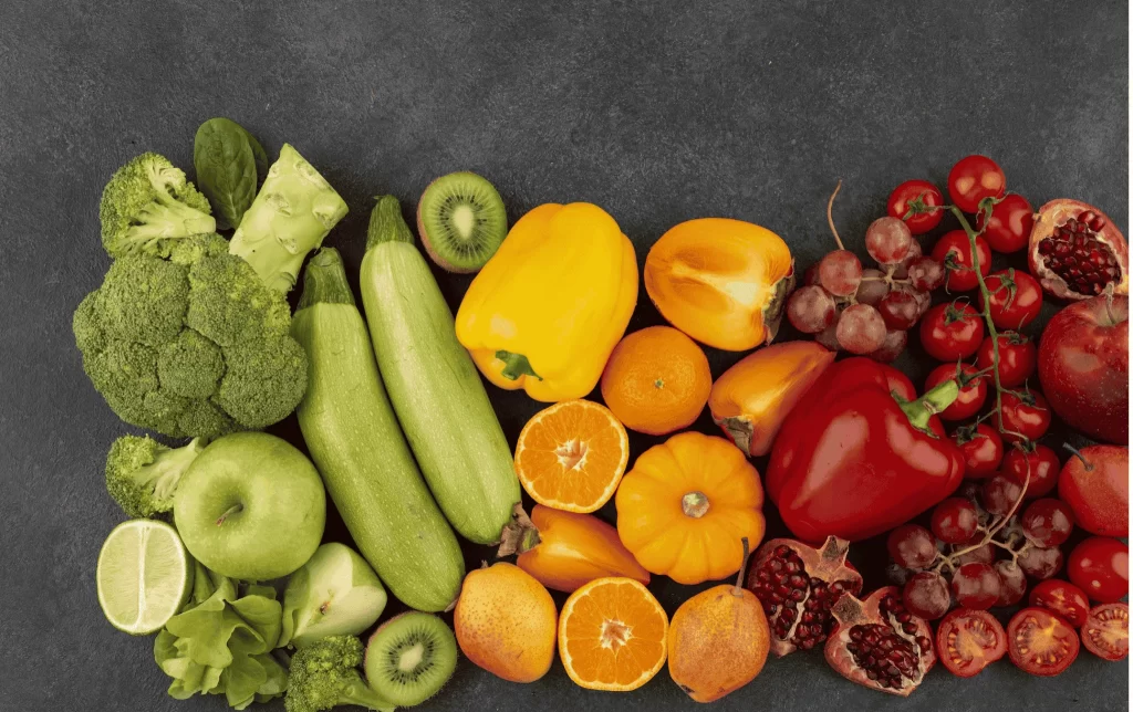 Fresh vegetables and fruits illustrating nutrition for spine health